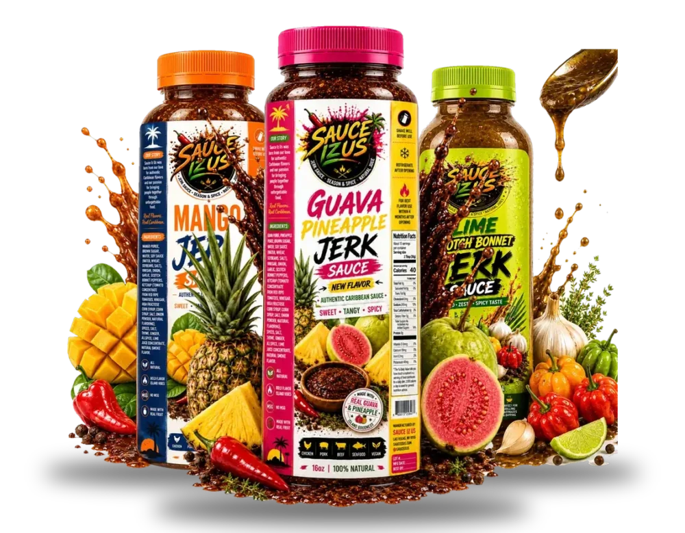 Three Sauce IZ Us bottles: Mango, Guava Pineapple and Lime Scotch Bonnet